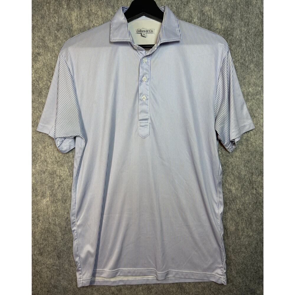 Collars & Co Mens Medium Blue White Striped Polo Stretch Preppy EUC
